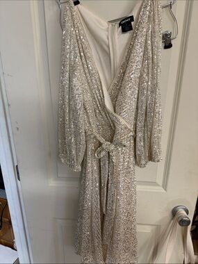 DKNY Champagne Sequin Wrap Dress with Puff Sleeves